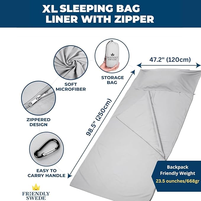 The Friendly Swede Sleeping Bag Liner — Ultralight Polyester or Cold Weather Microfiber Adult Sleep Sack- Camping Sheets - Travel Sleeping Bag with Pocket-Size Stuff Sack