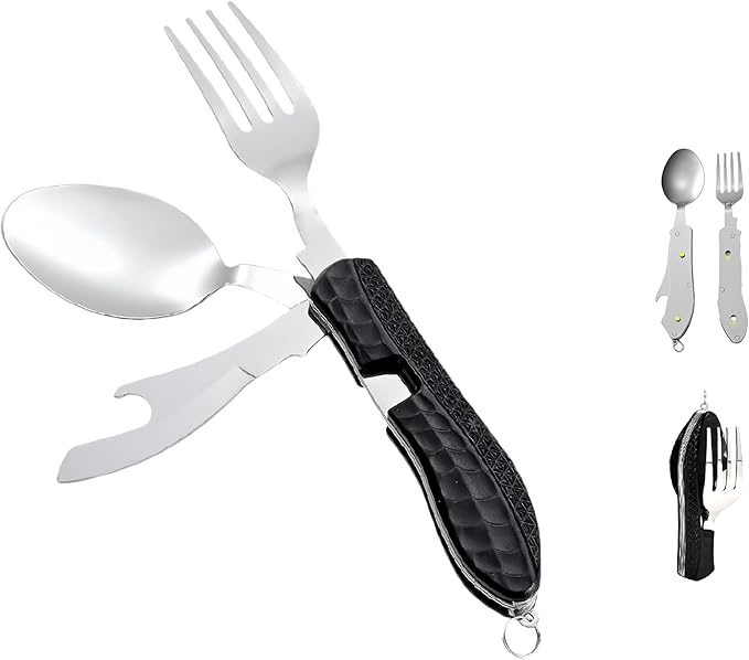 Camping Flatware, Stainless Steel Spoon Fork Knife Bottle Opener 4-in-1 Combo Utensil, Detachable Foldable Cutlery Set for Backpacking Hiking Fishing Scouting - Black