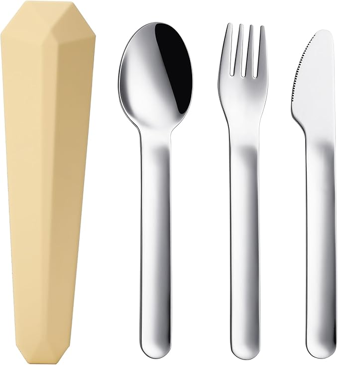 Utensils for Lunch Box Accessories, DEVICO Travel Silverware Set with Case, Camping Flatware Include 18/8 Stainless Steel Knife Fork and Spoon Set, Reusable Portable Cutlery Set for School (Yellow)