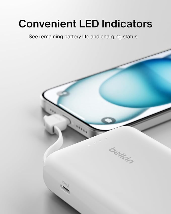 Belkin Portable Charger Power Bank USB C, 10000 mAh w/Integrated Cable, 20W Fast Charge USB-C Power Delivery, iPhone Charger, Apple iPhone 17, Air, Pro, Pro Max, iPad, Samsung Galaxy S25 - White