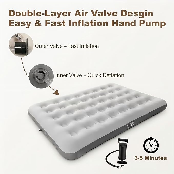 Air Mattress Queen with Hand Pump, 8.6'' Raised Inflatable Bed, 220lb Support Blow Up Mattress for Guest, Tent Camping, Travel & Home Use