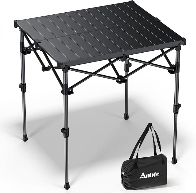 Anbte Camping Table Foldable, 2 Height Max 27.5" Aluminum Roll up Camping Table with Carry Bag & Heat-Resistant Tabletop, Lightweight, for Indoor Outdoor RV BBQ Picnic Patio Beach, 26" x 23", Black