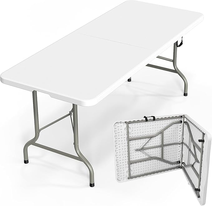 Bonnlo Folding Table 6ft, Portable Collapsible Plastic White Long Tables for Party, Camping, Banquet, Craft, Dining, Wedding, Outdoor and Indoor Use