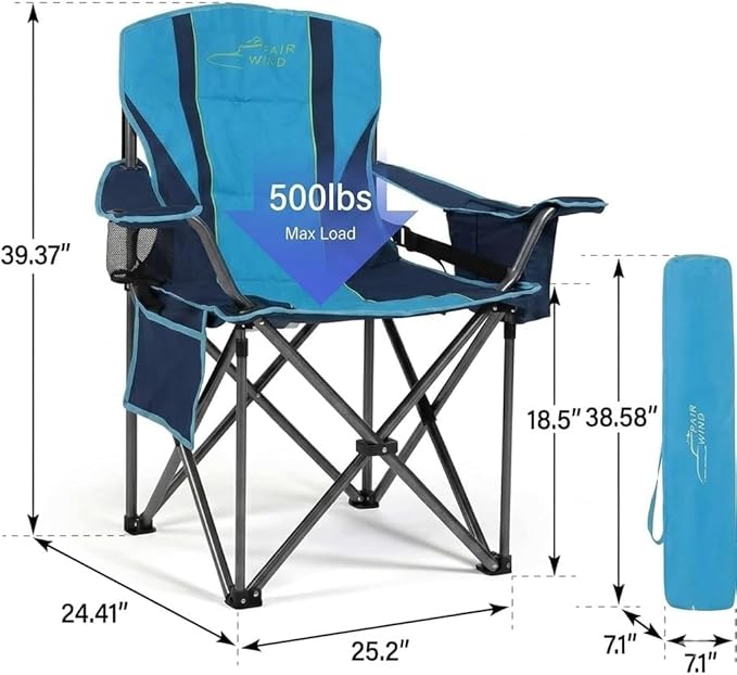 FAIR WIND 2 Pack Padded Camping Chair 500LBS Capacity Heavy Duty Oversized Folding Chair for Heavy People Portable Lawn Chair with Adjustable Lumbar Support, Cooler Bag & Cup Holder for Outdoor, Beach