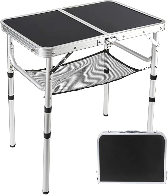 YUFIFAIRY Small Folding Table 2 Foot, Portable Camping Table with Mesh Holders,Lightweight Aluminum Adjustable Height, with Carry Handle for Camping Picnic Indoor Outdoor, White 24 x 16 inch (Black
