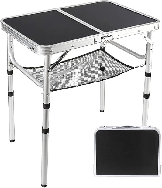 YUFIFAIRY Small Folding Table 2 Foot, Portable Camping Table with Mesh Holders,Lightweight Aluminum Adjustable Height, with Carry Handle for Camping Picnic Indoor Outdoor, White 24 x 16 inch (Black