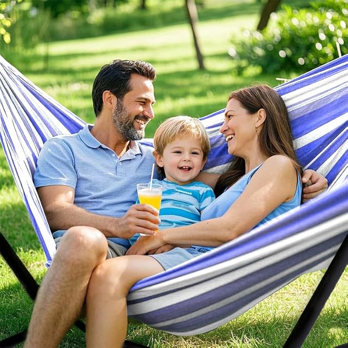 ANAGOO Double Hammock, Heavy Duty Portable, 500 lb Weight Capacity, Perfect for Both Indoors and Outdoors, 2 Person Hammock with Carrying Bag, Blue White