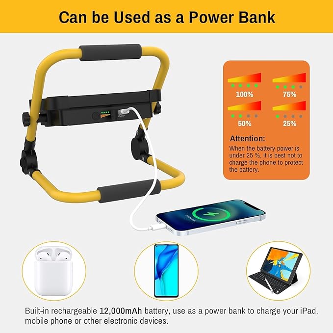 Solar Work Light Rechargeable Spotlight with Stand, MASMEJOR Rechargeable Worklight 12000mAh/ 10000LM/ 336 LEDs/ 4 Lighting Modes, LED Work Light for for Outdoor Camping, Yard, Garage, Hiking