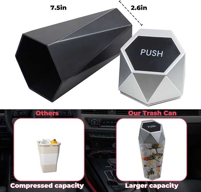 BFXM Car Trash Can, 2 Pack Car Trash Bin with Lid, Car Accessories for Women Interior, Car Garbage Can with Additional 2 ABS Hooks and 60pcs Trash Bags, Suitable for Home, Office, Car Organizer, Black