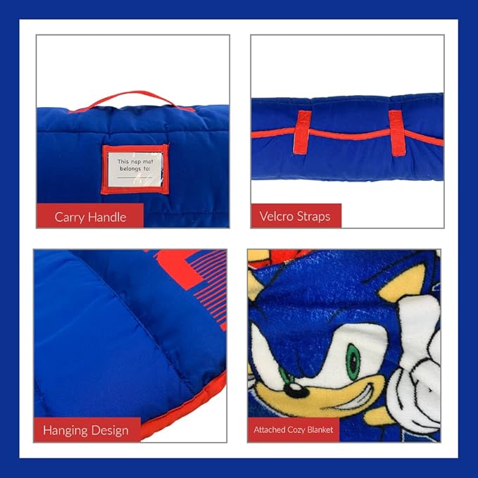 Sonic The Hedgehog 21"(W) X 45"(L) Soft Toddler Nap Mat with Pillow and Blanket Perfect for Preschool, Daycare, and Travel (100% Official Licensed Product)