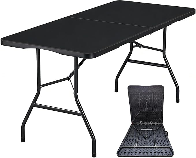 Lakhow Folding Table 6ft Heavy Duty Portable Table Indoor Outdoor with Parties, Camping & BBQs, Folds in Half for Easy Storage, No Assembly Required, Black