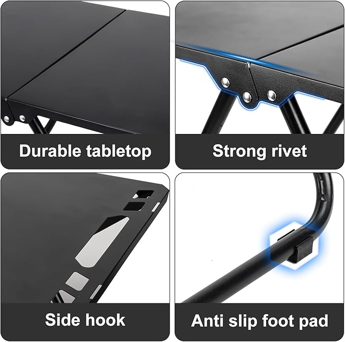 Tactical Camping Table, Collapsible Table Lightweight with Carry Bag, Durable Carbon Steel Outdoor Picnic Table for Camping, Travel expeditions, Hiking, Picnics, BBQs & Beach Trips - Black
