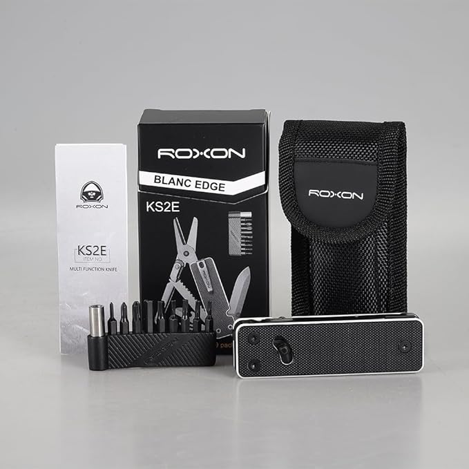 ROXON KS2 Elite Noir Blanc Edge D2 Blade 13 in 1 Mini Multi Tool function pocket knife with big scissor, G10 handle and Pocket clip, good for Camping/Emergencies/EDC Multitool (D2 Steel Blade)