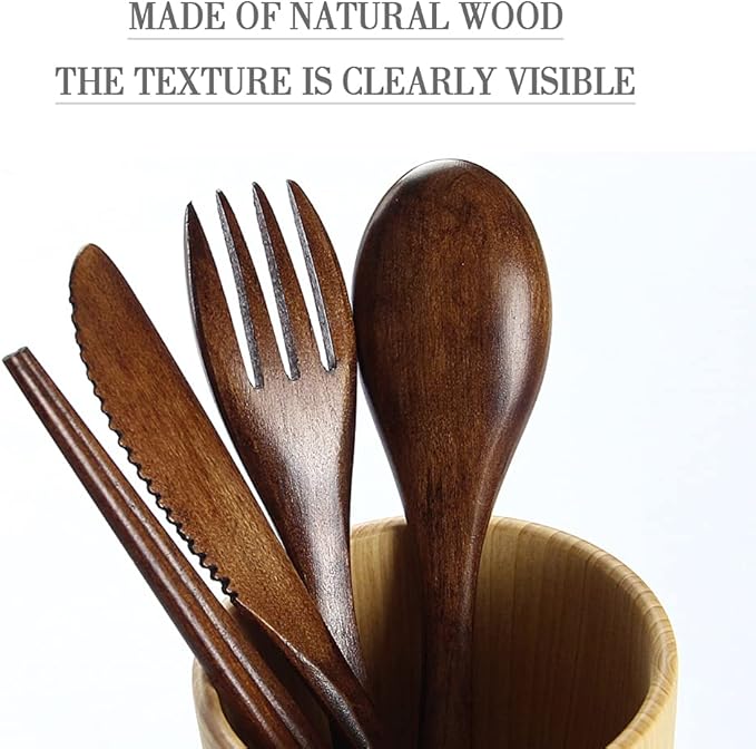 Portable Wooden Cutlery Set for Travel and Camping - 4 Piece Set With Reusable Wooden Spoon, Fork, Knife and Chopsticks