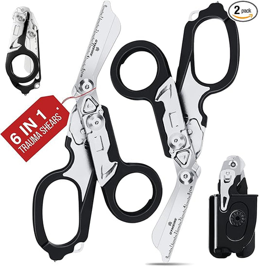 2 Pack Heavy Duty 6 in 1 Multifunctional Trauma Shears Foldable | Stainless Steel emergency response scissors | Survival Shears with Holster | Medical Trauma shears Tactical With Strap Cutter
