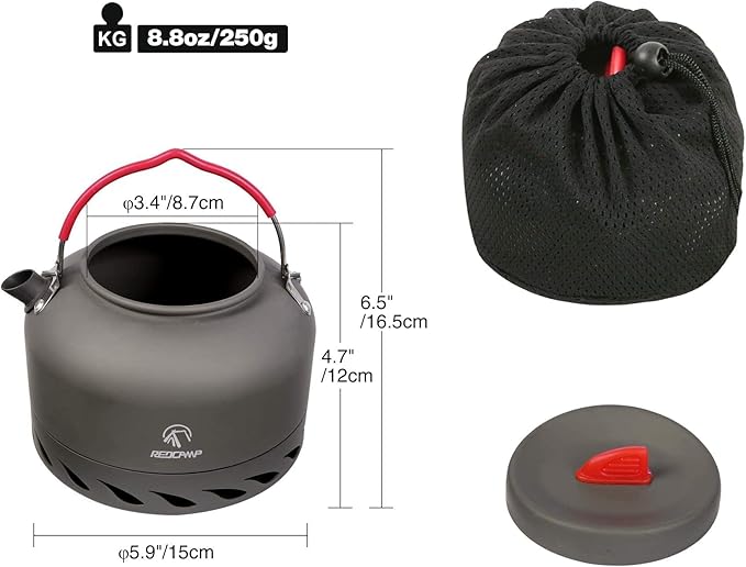 REDCAMP Outdoor Camping Kettle with Heat Exchanger, Compact Lightweight Coffee Pot,Aluminum Camp Tea Kettle with Carrying Bag 1.4L
