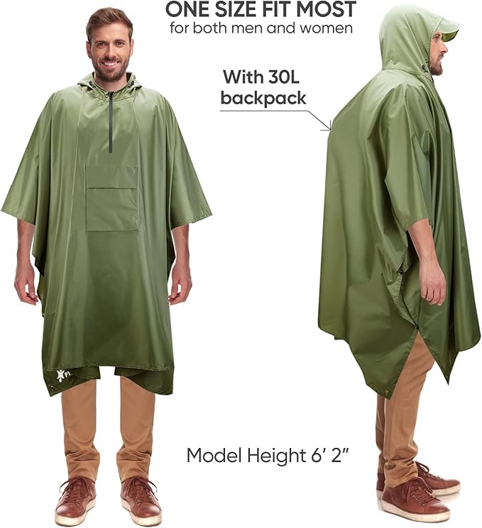 PTEROMY 3-in-1 Hooded Rain Poncho for Adult with Pocket, Waterproof Lightweight Unisex Raincoat for Hiking Camping Emergency