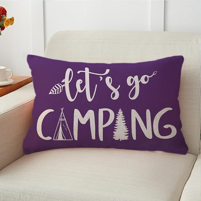 Adventure Camper Decorative Lumbar Pillowcase Double-sided Let’s Go Camping/Adventure Awaits Throw Pillow Covers Cabin/Camper Cushion Covers 12x20,2Pack for Sofa/Couch/Porch (Purple)