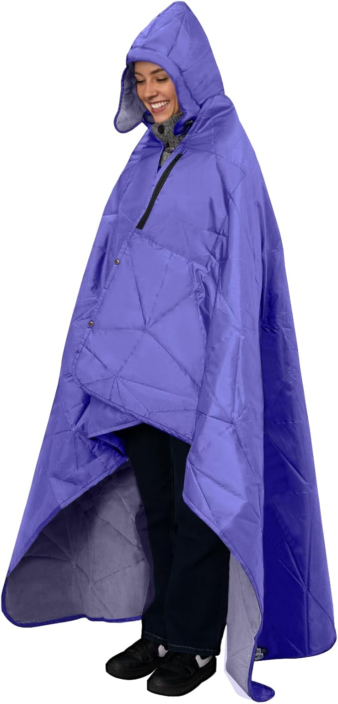 Large Outdoor Waterproof Blanket Extra Thick Fleece Stadium Blanket for Camping, Car, Pet, Picnics - Windproof, Wearable, Machine Washable 80" x 58" (Purple,Hooded)