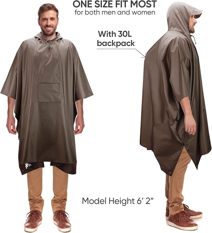 PTEROMY 3-in-1 Hooded Rain Poncho for Adult with Pocket, Waterproof Lightweight Unisex Raincoat for Hiking Camping Emergency