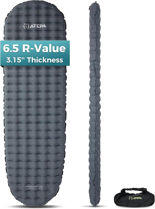 ATEPA ThermAir Mummy Backpacking Inflatable Sleeping Pad, 6.5 R-Value Insulated Ultralight Portable Sleeping Pad Thick Camping Mat with Pump Sack for Camping Backpacking Tent, Wide Long Size 72"x21"
