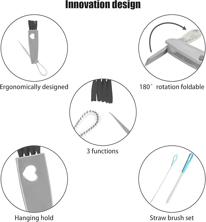 3 in 1 Vacuum Cup Lid Brush,Multifunctional Water Bottle Cap Cleaner,Kettle Cover Cleaning Tools,Top and Gap Clean Gadget,Thermos Washer Remover,Portable Mini Scrubber,with Nylon Straw Washing Kit
