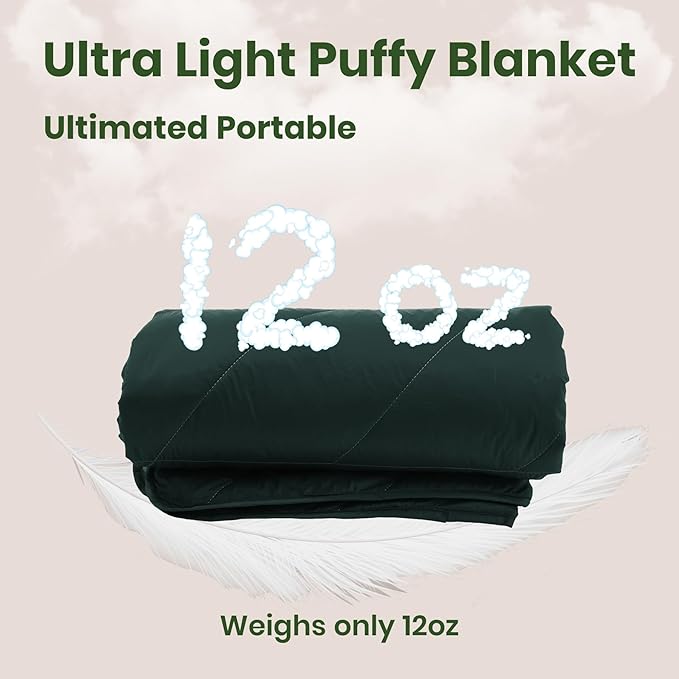 Ultralight Puffy Blanket, Outdoor Camping Blanket, Water-Resistant and Packable, Great for Camping, Stadium, Traveling, Backpacking, Picnic and Beach. 79"x55". Teal Green.
