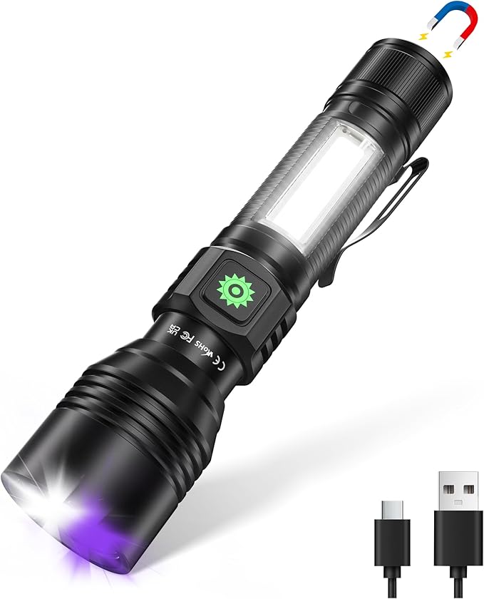 DARKDAWN 3 in1 Super Bright Flashlight & UV Flashlight 395nm, High Lumens USB Rechargeable LED Flashlights,Handheld Portable Flash Lights for Camping, Outdoor Adventure, Pet Urine Stains