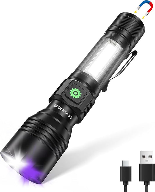 DARKDAWN 3 in1 Super Bright Flashlight & UV Flashlight 395nm, High Lumens USB Rechargeable LED Flashlights,Handheld Portable Flash Lights for Camping, Outdoor Adventure, Pet Urine Stains