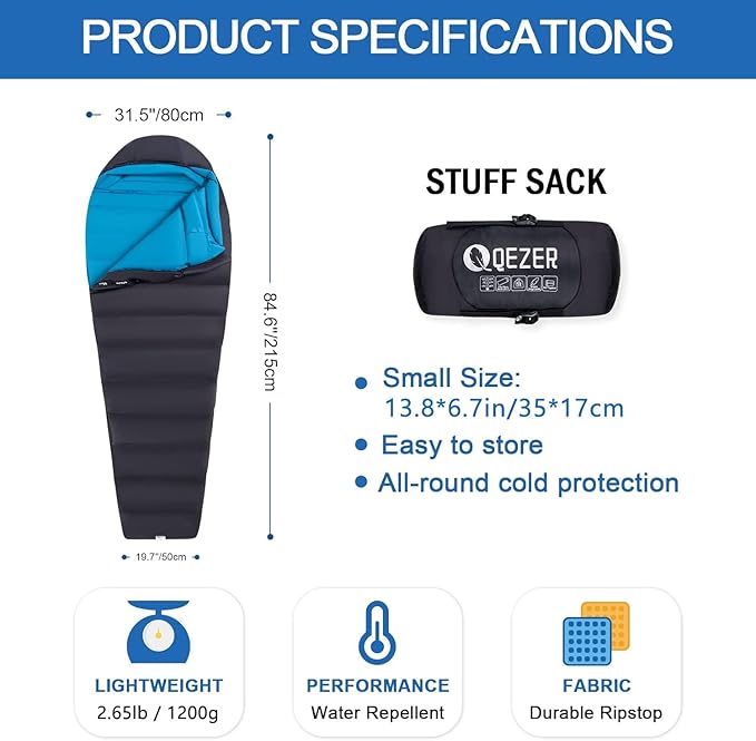 Down Sleeping Bag for Adults, 0°F 10°F 15°F 20°F 600 Fill Power Mummy Lightweight Compact Cold and Warm Weather Backpacking Sleeping Bag for Camping Hiking Outdoor All Seasons