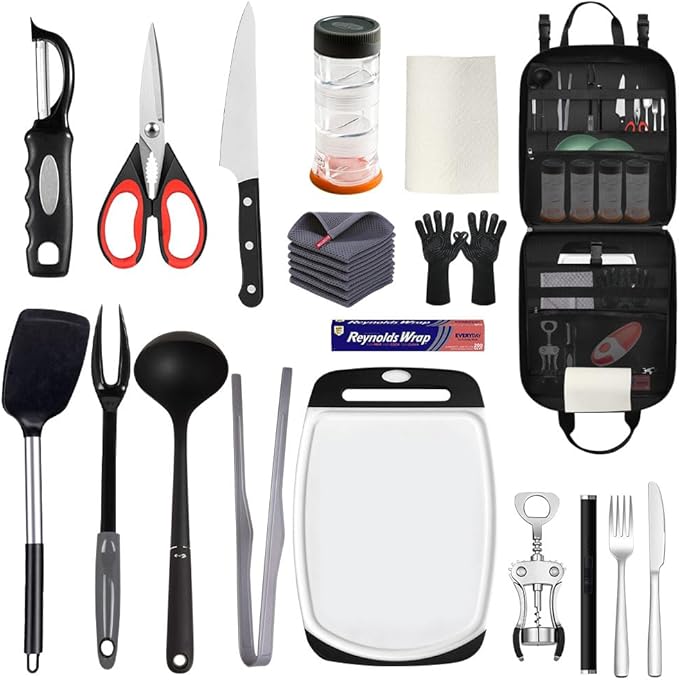 Large Camp Kitchen Organizer, High Capacity Camping Cooking Utensils Bag, with Paper Towel Holder, Multi-pocket Waterproof Camping Utensils Holder for BBQ Outdoor Cooking Essentials