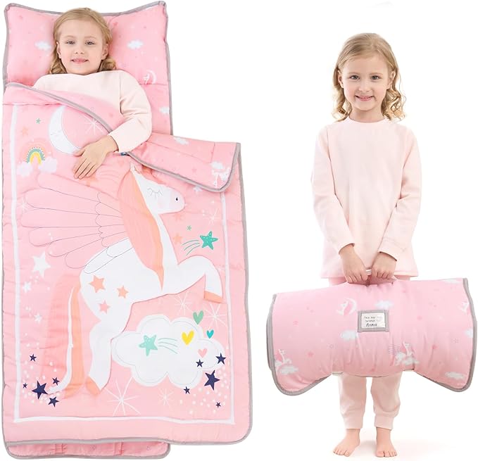 UOMNY Toddler Nap Mat - 1 Pack Girls Sleeping Bag with Removable Pillow - Unicorn 53x21Inch Kids Preschool Nap Sack with Pillow Pink Girls Napper Nap Mats for Daycare Napping Bag for Girls