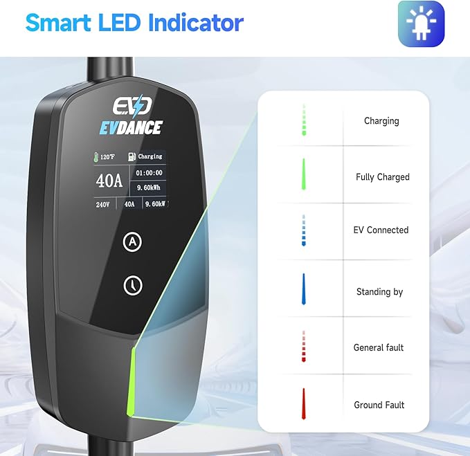 EVDANCE Level 2 EV Charger 40Amp, 240V 9.6KW Portable Electric Vehicle Charging Stations with NEMA 14-50P, 25FT Cable Adjustable Current/Timing Delay Home Electric Car Charger for J1772 BEVs/PHEVs