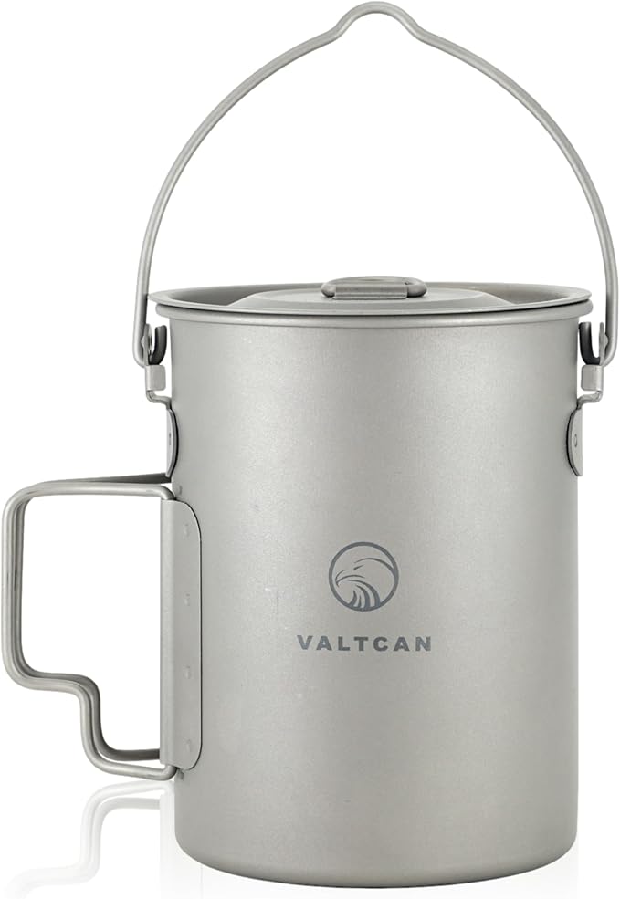 Valtcan 900ml Titanium Pot Boil Cook & Drink From One Pot, 134g Ultralight, Thicker Gauge Grade 1 Ti, Aligned Bail Handle, Lid with Steam Holes, Campfire & Stove, Mesh Bag