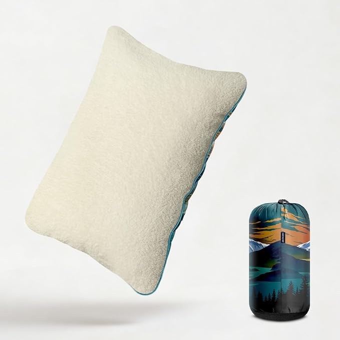 Camping Pillow, Sherpa Lining Travel Pillow Supportive Compressible Lightweight Camp Pillow with Storage Bag for Camping,Hiking,Backpacking,Airplane