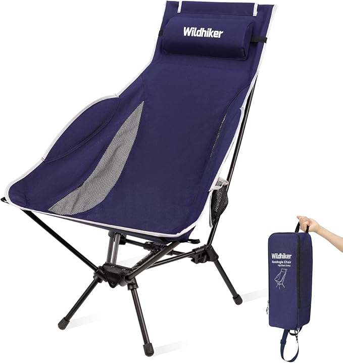 Wildhiker Portable Compact Folding Camping Chairs – Lightweight High Back with Pillow, Deep Recline, ArmPads, Side Pockets-for Motorcycle, RV, Backpacking, Travel, Festival – Indigo Blue