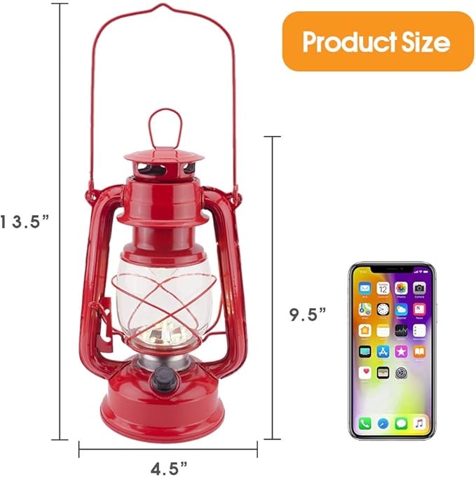 Vintage LED Hurricane Lantern, Warm White Battery Operated, Antique Metal Hanging Lantern with Dimmer Switch, 15 LEDs, 150 Lumen for Indoor or Outdoor Use