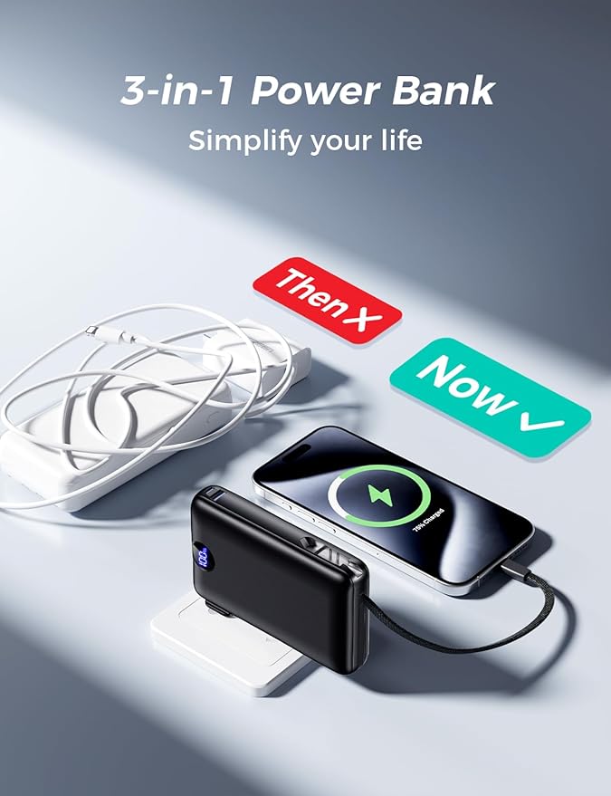 Portable Charger with Built-in Cables & Wall Plug, 50000mAh Power Bank, 4 Outputs 22.5W USB C Fast Charging, Slim Travel Battery Pack with LED Display for iPhone 17/16/15/14, Dark