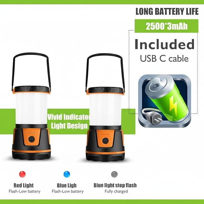 Rechargeable LED Lantern - 3000 Lumens, 5 Light Modes, IP54 Waterproof, 7500mAh Battery, Portable Flashlight for Camping, Hiking, Power Outages & Emergencie (Orange)