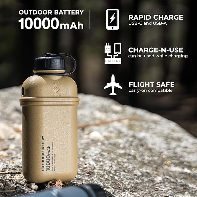 ELECOM NESTOUT 10000mAh Rugged Power Bank, Outdoor Battery Pack, 20W USB C Fast Charging PD, Waterproof IP67, Shockproof Military Grade, Tactical EDC Gear, Camping, Hiking, Hunting, Survival (Black)