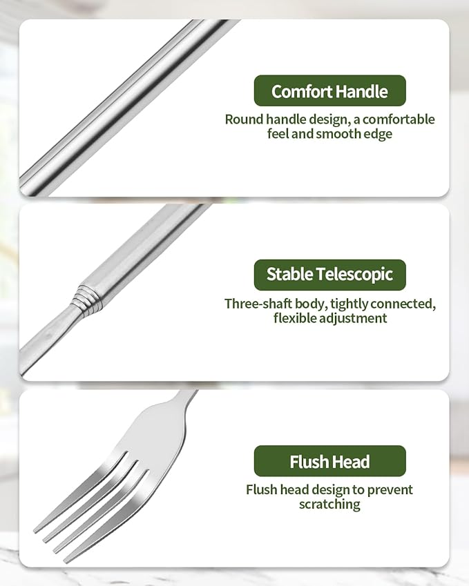 2 PCS Extendable Fork Spoon Set, Telescopic Stainless Steel Fork Spoon, Extendable 25.3 In, Dinner Forks for BBQ Dinner Fruit Dessert, Camping Flatware