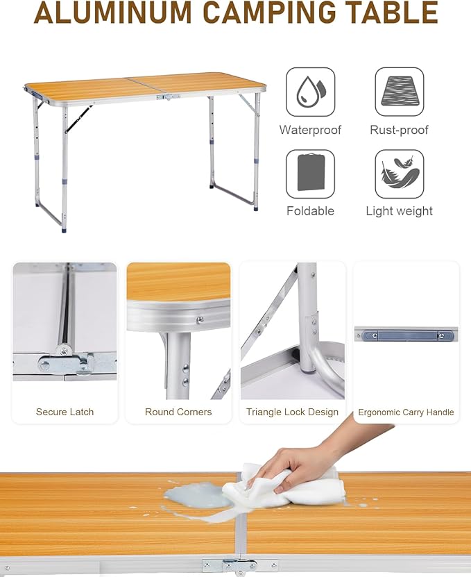Outvita 4ft Portable Folding Camping Table, Outdoor Waterproof Adjustable Height Table, Aluminum Lightweight Suitcase Foldable Table for Picnic BBQ Beach Dining