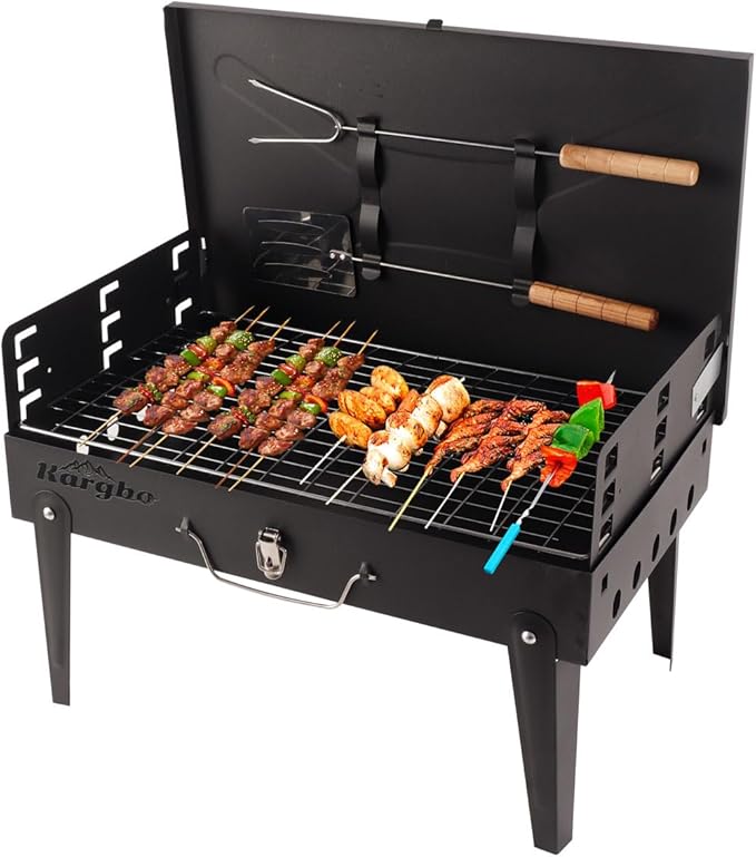 Portable Grill with Lid & Adjustable Vents - Foldable Charcoal BBQ for Camping & Picnics | Complete 4-Piece Dining Set Included for Ultimate Outdoor Cooking