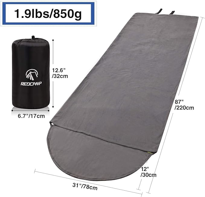 REDCAMP Fleece Sleeping Bag Liner with Hood for Adult Warm or Cold Weather, Long Full Sized Zipper Camping Blanket with Sack for Outdoor Indoor Used, Grey 87"