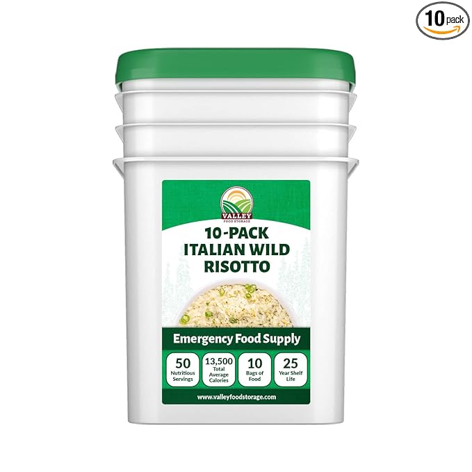 Valley Food Storage Italian Wild Risotto | 10-Bag Bucket, 50 Servings | Premium Emergency Food Supply, 25 Year Shelf Life | Survival Meal Kits, Prepper Food, Camping & Off-Grid Living | Packaged in USA