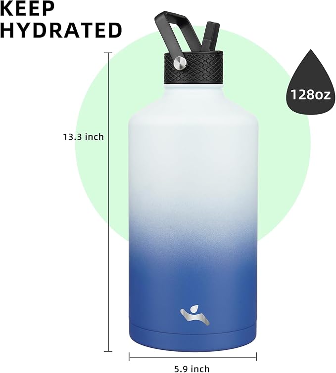 Konokyo Gallon Insulated Water Bottle with Straw,128 oz 3 Lids Water Jug with Carrying Bag,Paracord Handle, Double Wall Vacuum Stainless Steel Metal Flask,Sky