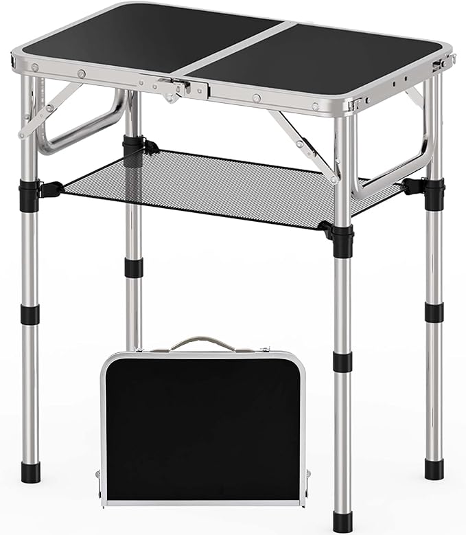 YihuiKo Small Folding Table, Aluminum 24" x 16" Adjustable Height Max 27.5" Folding Camping Table with Carrying Handle, Lightweight, Portable Camp Table for Outdoor Indoor Picnic Beach, Black