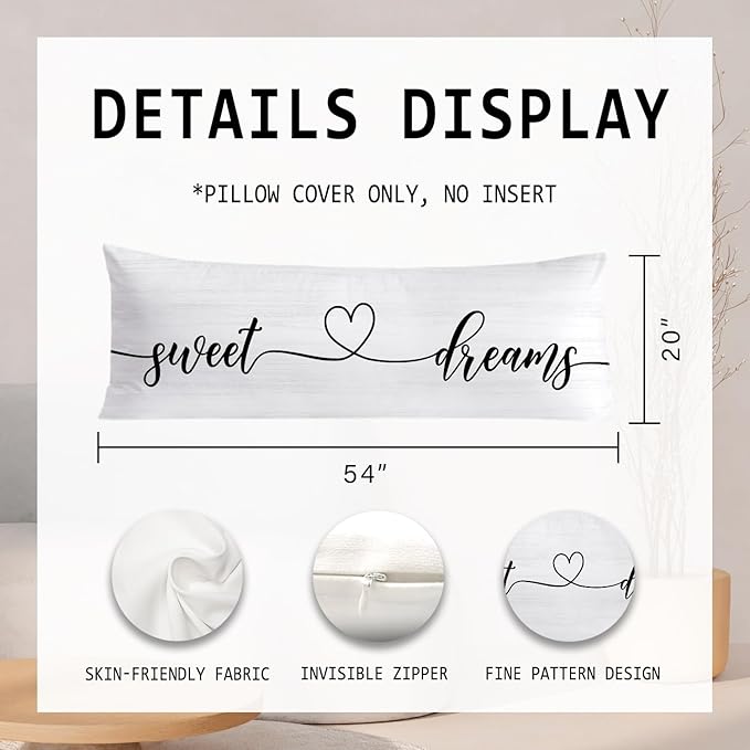 Sweet Dreams 20x54 Body Pillow Cover, Master Bedroom Decor, Farmhouse Decor, Best Wedding Gifts for Couples Decorative Long Body Pillow Cases for Bed Couch