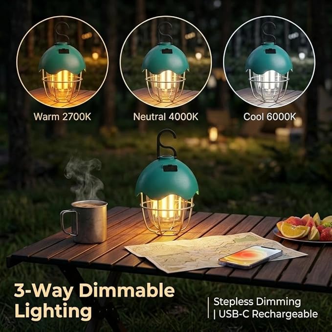HOMY LED Camping Light Rechargeable Waterproof Vintage Tent Light with Warm Glow, Dimmable Outdoor Lantern for Camping, Emergencies, and Power Outages