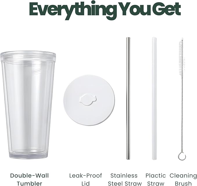 Kensal Home Reusable Iced Coffee Cup (24 Oz/Venti), Leak Proof and Double Wall Insulated Iced Coffee Tumbler, Come with Reusable Plastic and Metal Straws and Straw Cleaner - White